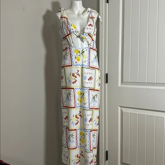 Abercrombie and Fitch Tie Front Scarf Midi Dress Italy Coastal Fruit Sz L NEW - Picture 5 of 13